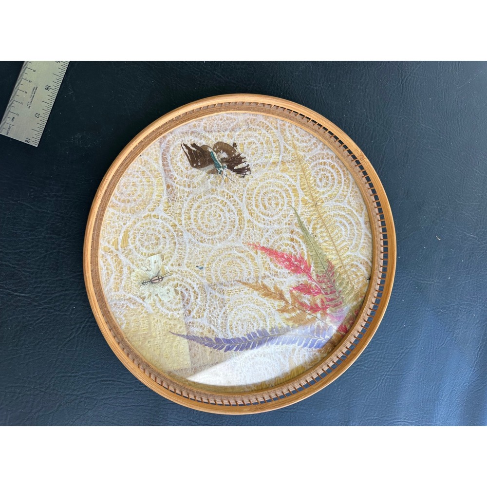 Vintage Interpur Bamboo Tray Real Pressed‎ Butterfly Fern Dried Flowers 11 Inch